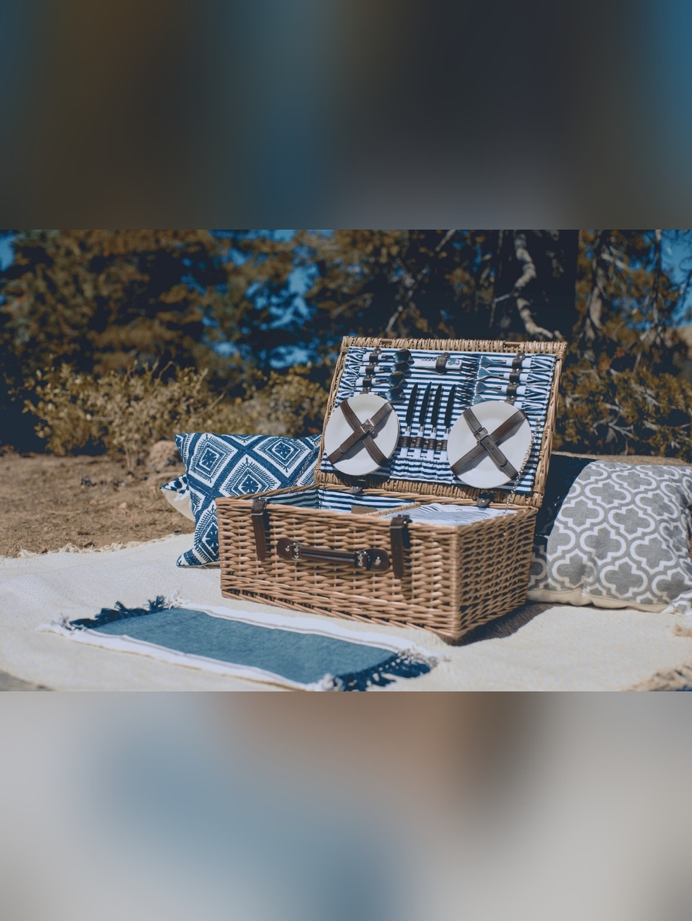 Belmont Picnic Basket, Navy Blue & White Stripe
